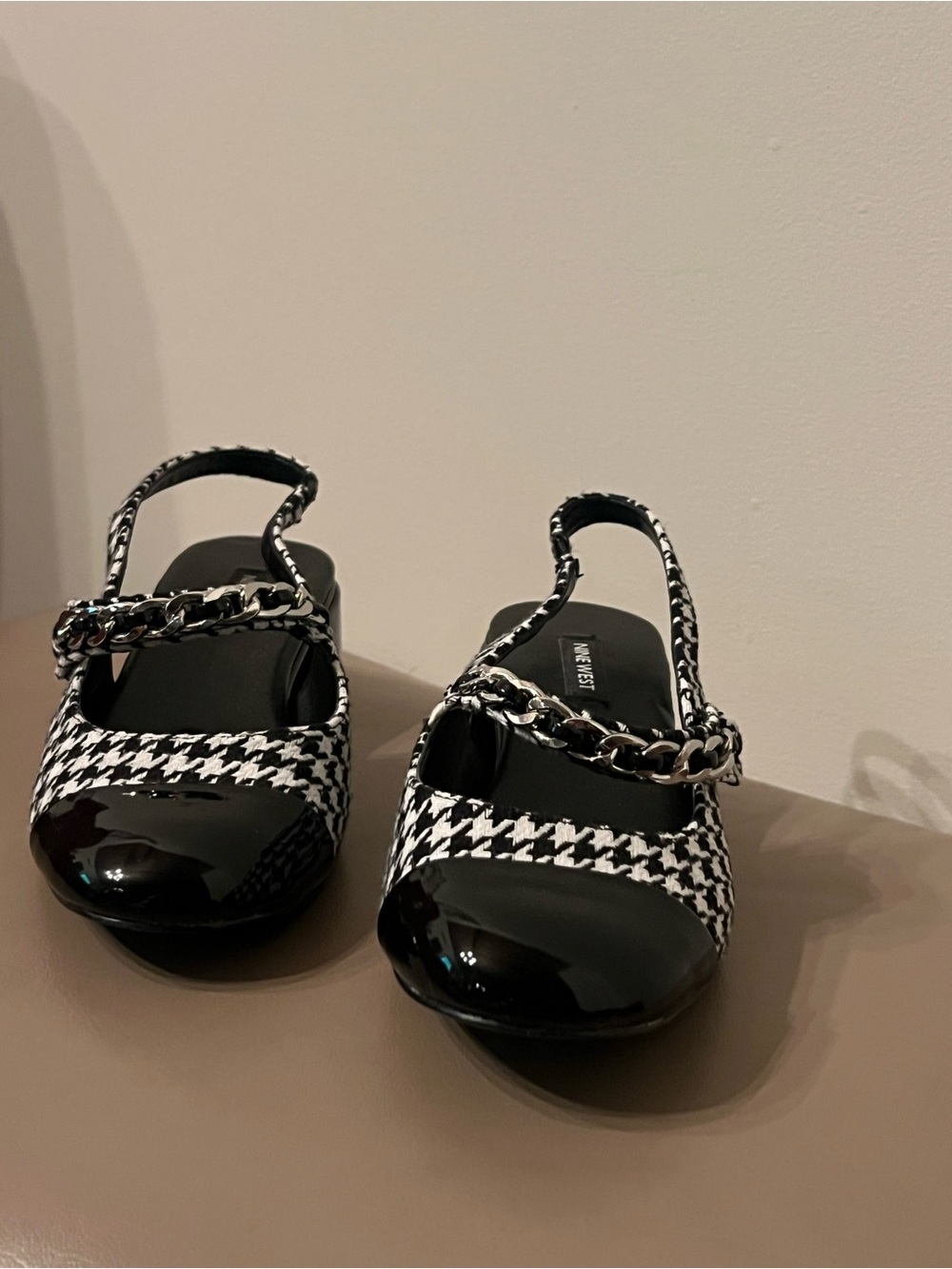 Nine West Black & White Houndstooth Slingback Flats with Chain Detail